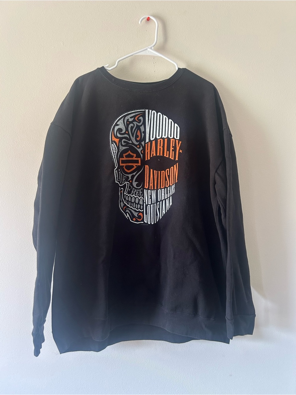 Harley-Davidson Black Crewneck with Orange & White Voodoo Skull Graphic